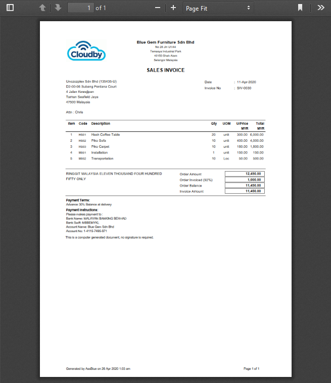 PDF of Sales Invoice