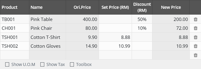 Screenshot of Customer Pricebook