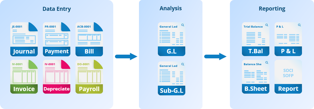 Overview of finance transaction components from data entry, to ledgers to reporting