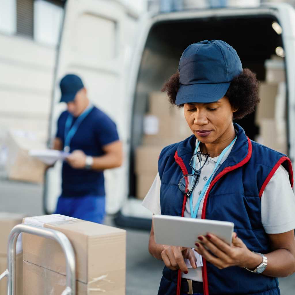 Worker unloading goods and counting stocks
