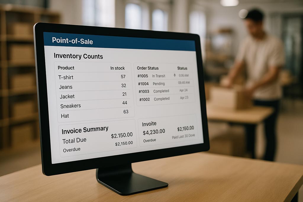 Retailer dashboard view, showing inventory counts, order status, and invoice summary