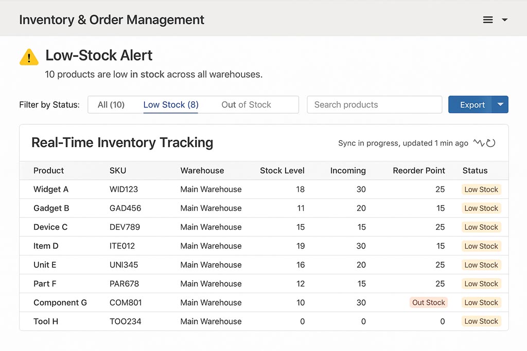 Low stock alert Low-stock alert or real-time inventory tracking panel