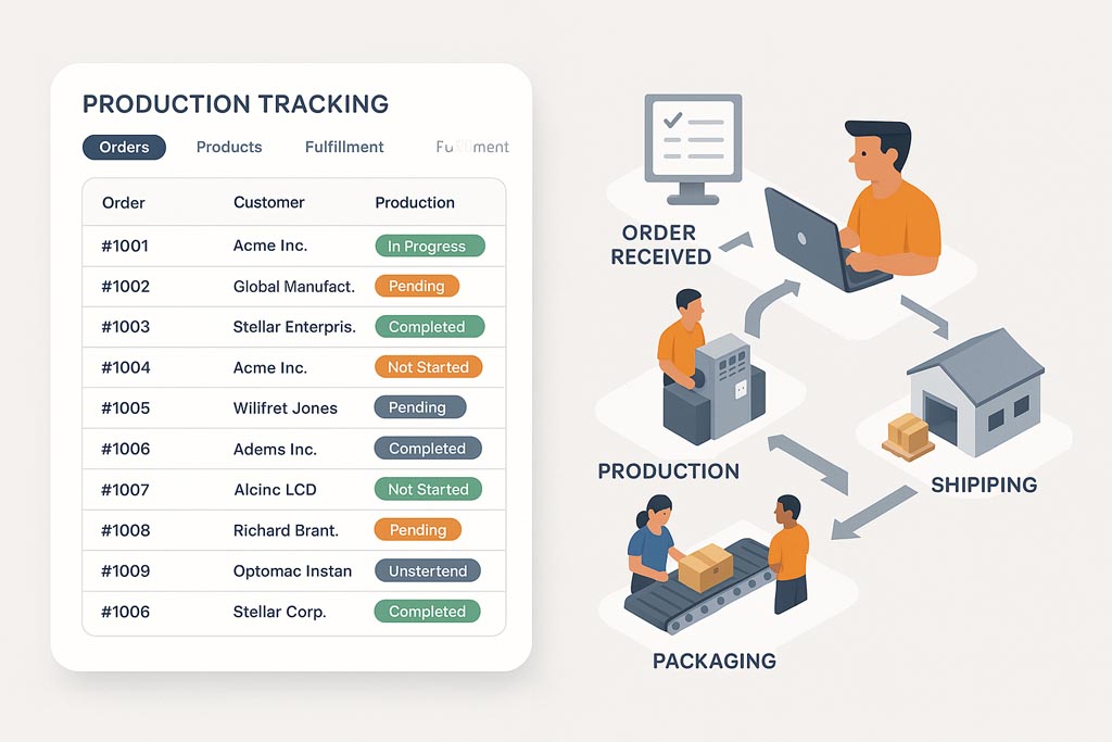Production tracking screen or order fulfillment dashboard.