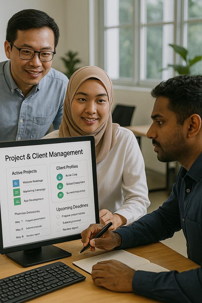 A service firm’s dashboard showing multiple active projects, client profiles, and upcoming deadlines