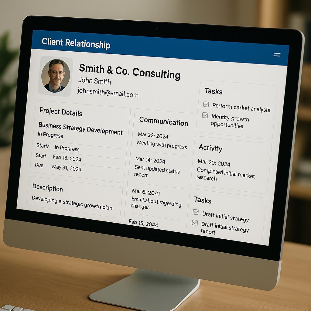 Client relationship profile A service firm’s dashboard showing a client profile with project details, communication logs, and task updates