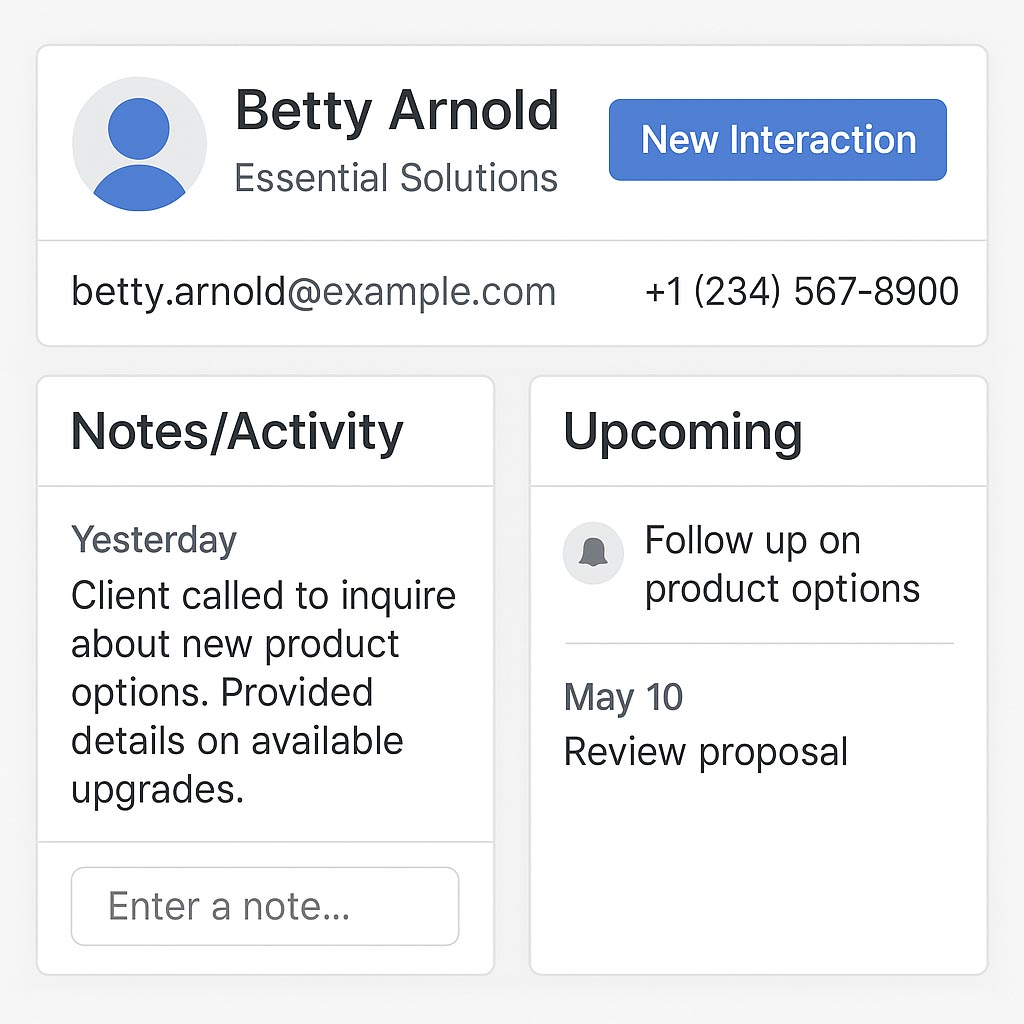 Client commiuniocacopmmunication interface A screenshot showing a client interaction, including notes, follow-up reminders, and upcoming tasks.