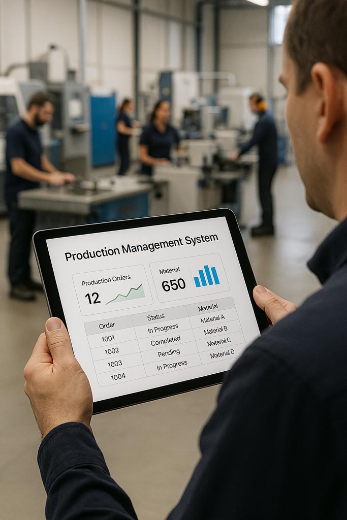 Production management A production floor with workers, machines, and a digital dashboard showing real-time tracking of production orders and material usage.