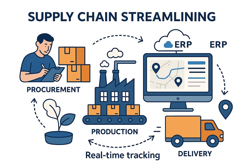A visual showing the interconnected supply chain process, from procurement to production to delivery, with providing real-time tracking.