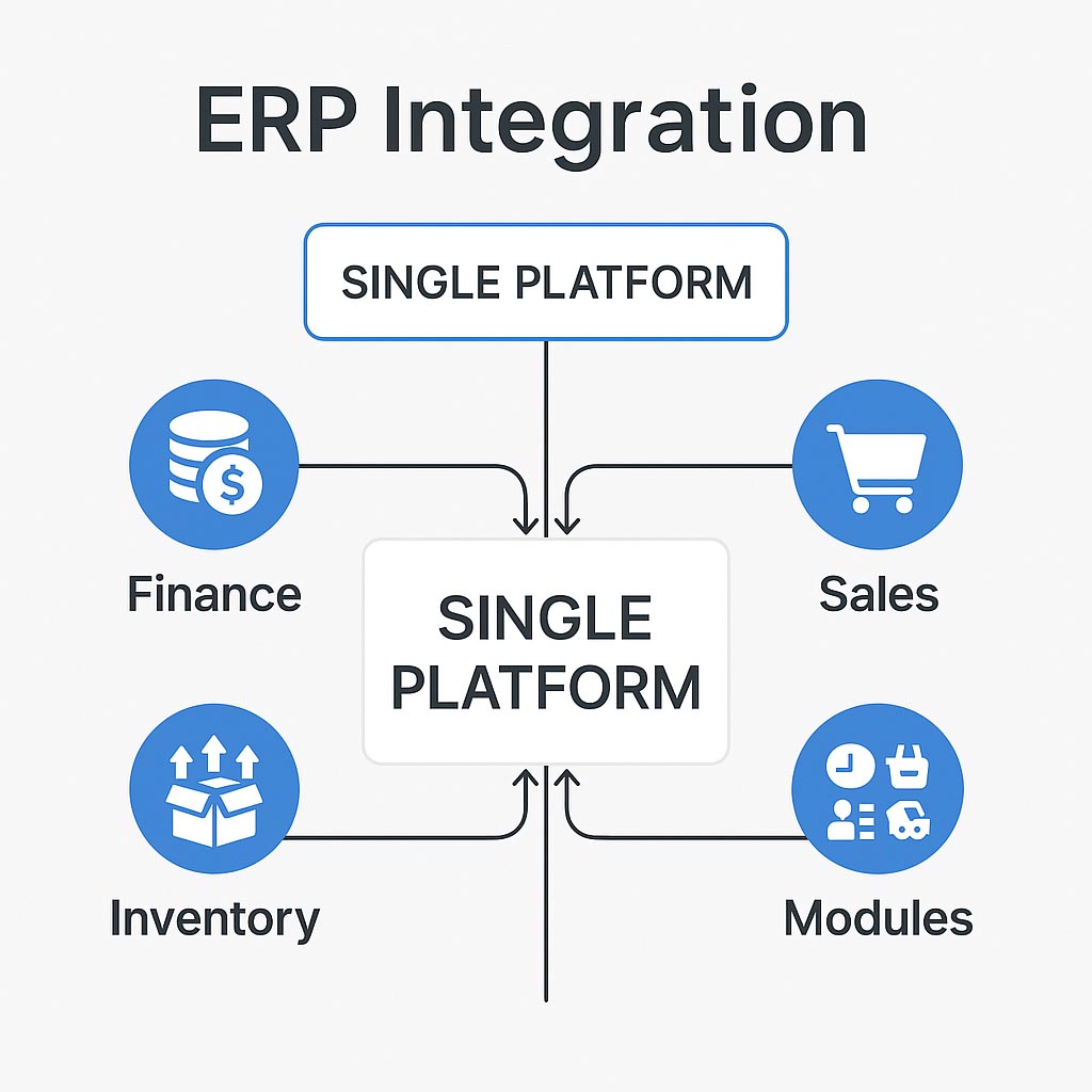 Simplified integrated business process A simple flowchart or diagram showing how Cloudby ERP integrates various business functions (finance, sales, inventory) into a single platform.
