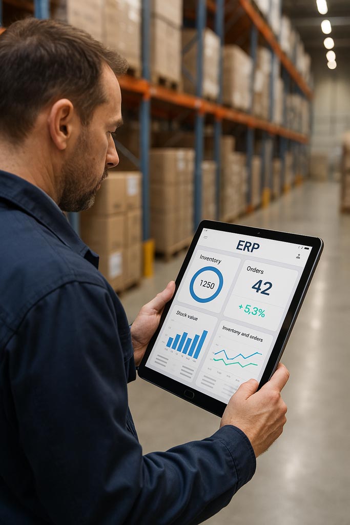 Smart manufacturing & warehousing A clean visual showing a manufacturer in a warehouse, looking at a tablet that displays Cloudby ERP’s dashboard, with inventory and order data.