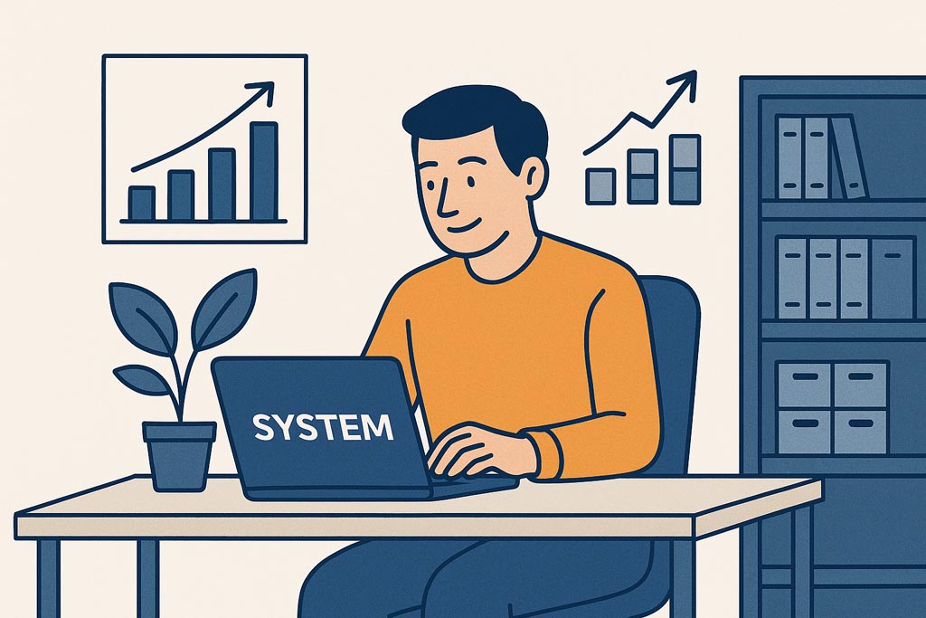 Scalability at your pace Illustration of small business owner scaling business from garage