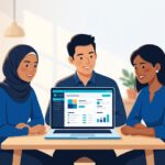 Three colleagues of different backgrounds gathered around a laptop showing a calm payroll dashboard, reassured and at ease