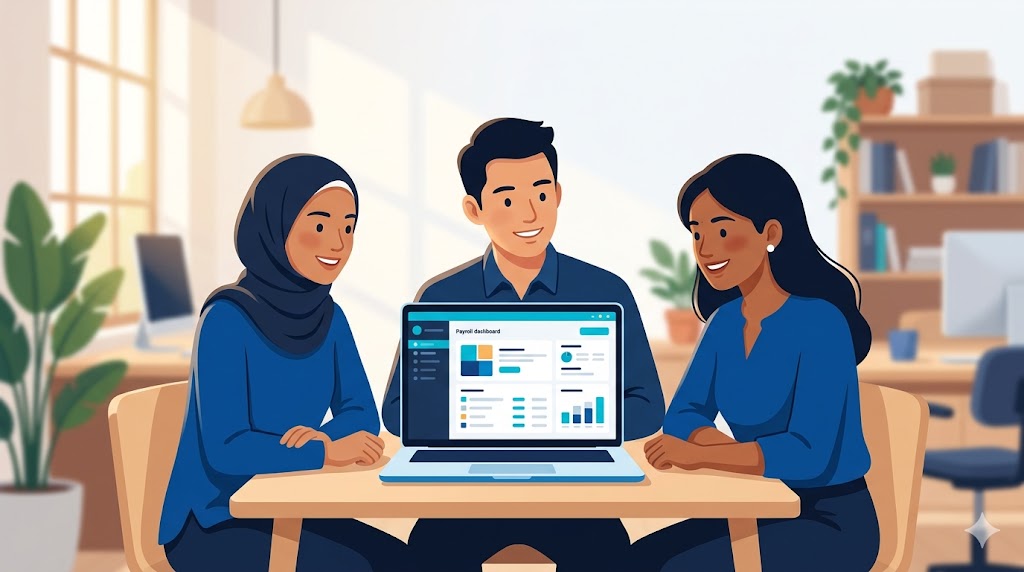 Three colleagues of different backgrounds gathered around a laptop showing a calm payroll dashboard, reassured and at ease