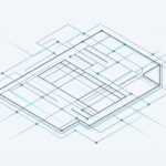 Abstract isometric blueprint of an invoice drawn as a connected system, in navy and cyan