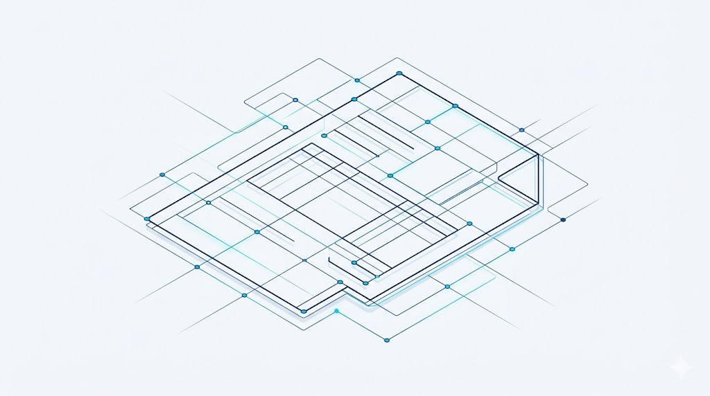 Abstract isometric blueprint of an invoice drawn as a connected system, in navy and cyan