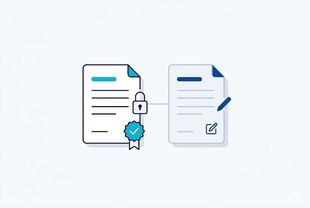 An official, locked document beside a flexible, editable working document, linked together