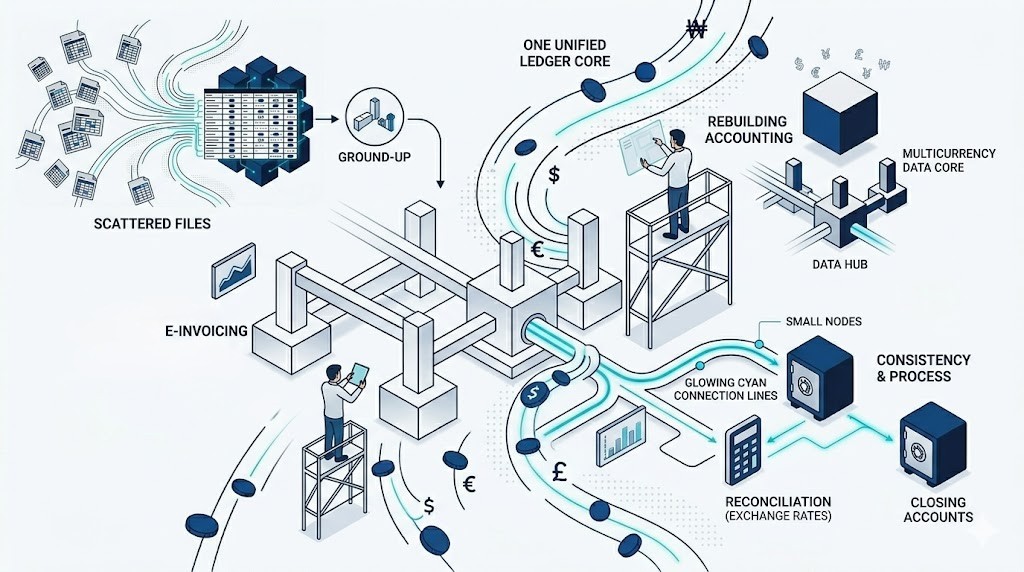 Detailed line-art blueprint of an integrated multi-currency and e-invoicing accounting system.