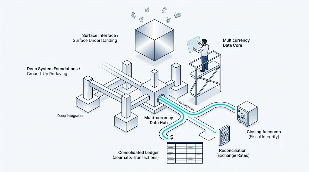 Isometric infographic of a multi-currency accounting system, showing data flowing from deep foundations to consolidated ledger, reconciliation, and final closing accounts.
