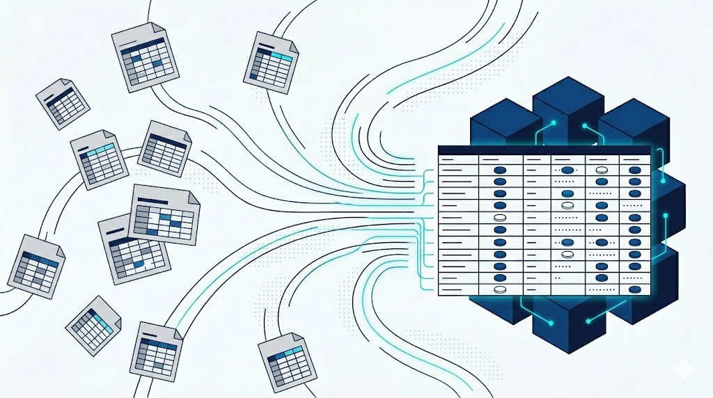 Vector illustration of scattered spreadsheet files connecting to a modular accounting system.