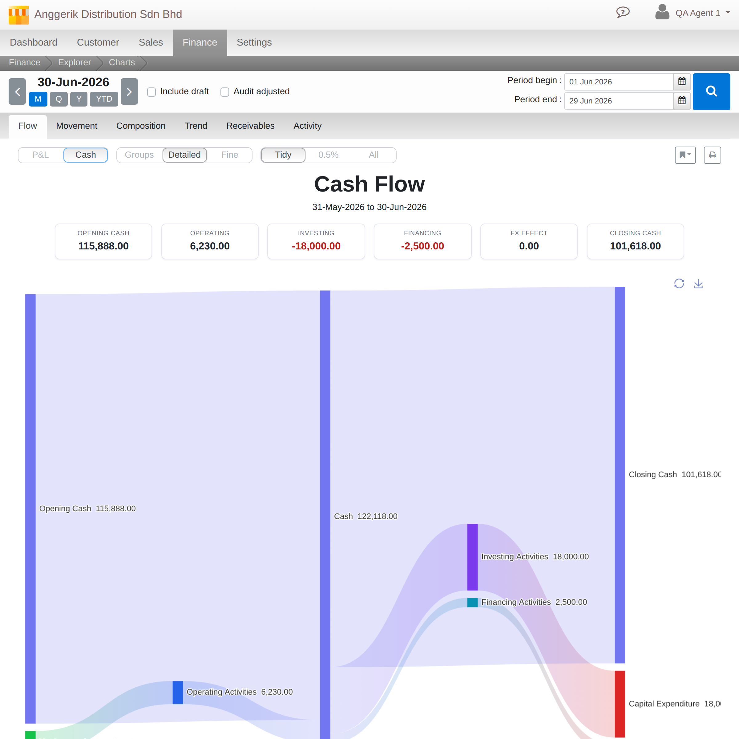 Cash flow Sankey diagram showing operating, investing and financing activities