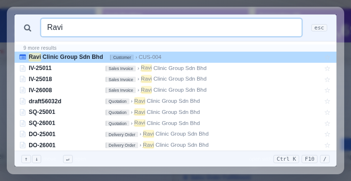 Jump Search results for the partial customer name Ravi, showing the customer record plus real sales invoices, quotations and delivery orders