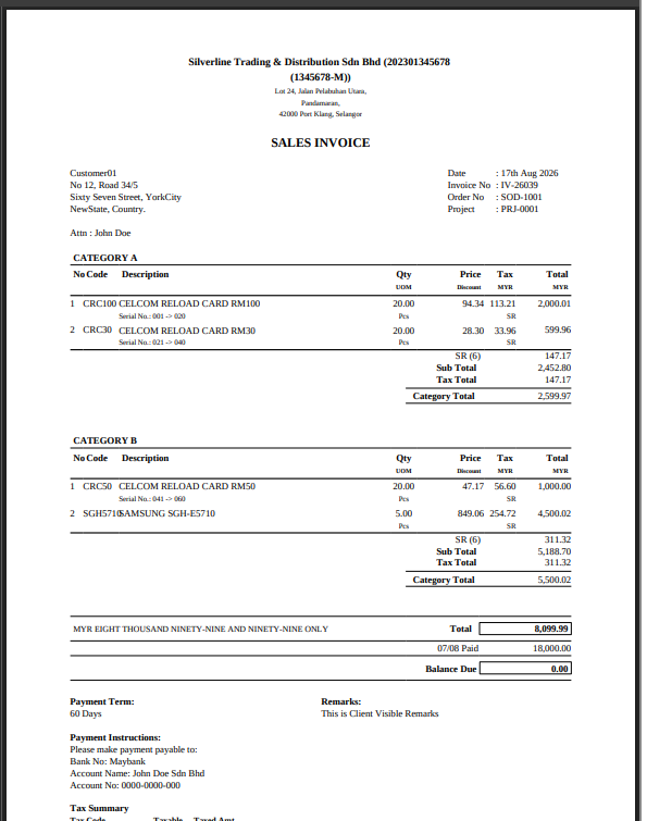 Sales invoice with line items grouped into two categories, each with its own subtotal, built with nested table layout