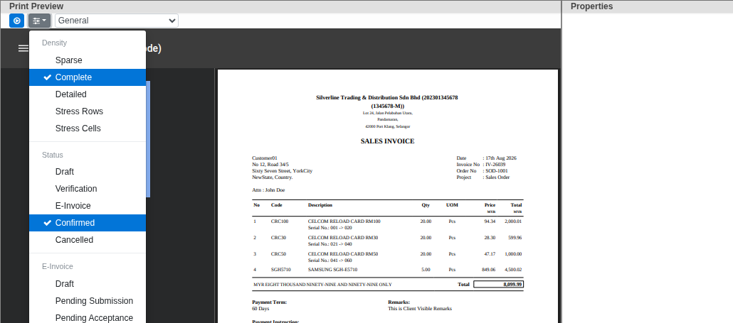 Template preview showing a Confirmed sales invoice