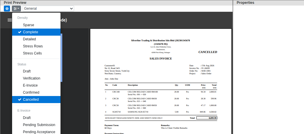 The same template preview switched to Cancelled status, showing a live CANCELLED stamp appear on the document