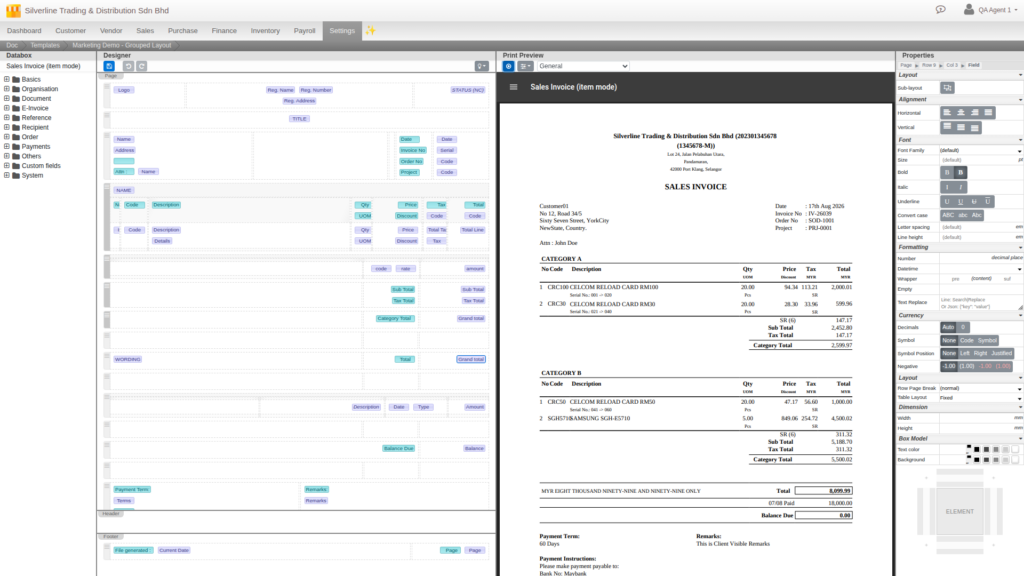 Document Template Editor showing all four panes: field library, design canvas, live PDF preview, and the Properties panel with Currency formatting and box-model controls open