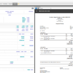 Document Template Editor showing all four panes: field library, design canvas, live PDF preview, and the Properties panel with Currency formatting and box-model controls open