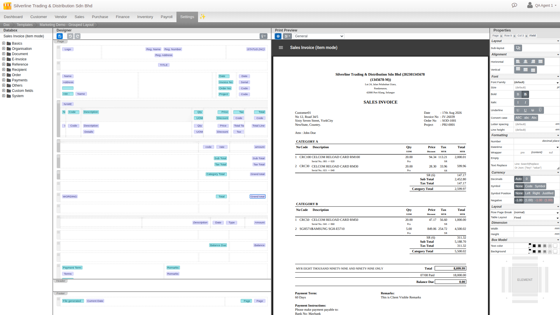 Document Template Editor showing all four panes: field library, design canvas, live PDF preview, and the Properties panel with Currency formatting and box-model controls open