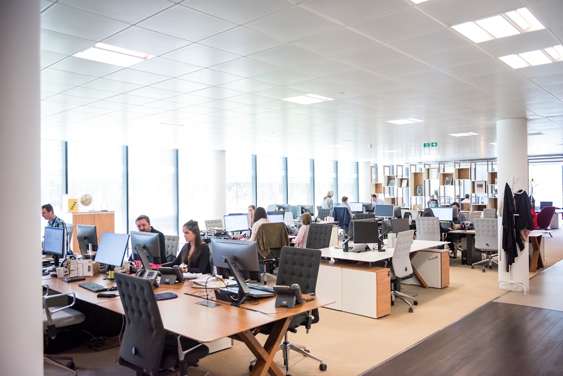 A bright, naturally lit open office space with desks and computer workstations