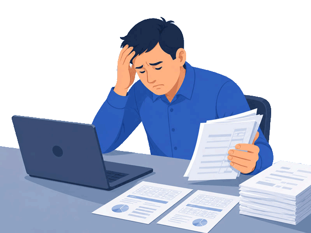 Illustration of a stressed person at a desk with a laptop and printed financial reports with pie charts
