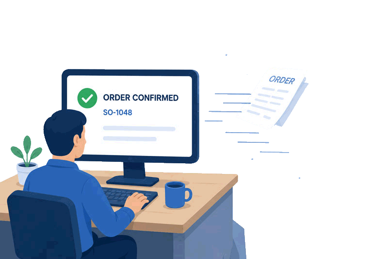 Illustration of a man at a computer with an Order Confirmed SO-1048 screen, an order document flying toward the system