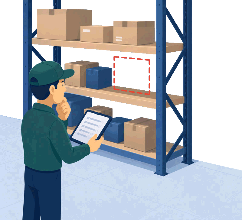 Illustration of a warehouse worker checking a shelf with a tablet, one box slot empty and highlighted with a dashed red outline