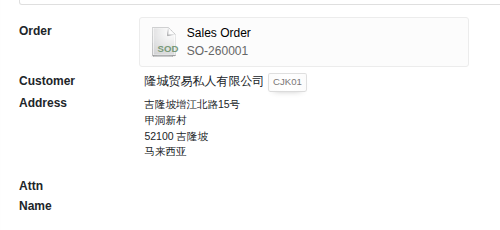 Sales order customer and address fields in Chinese, accepted by the address validator