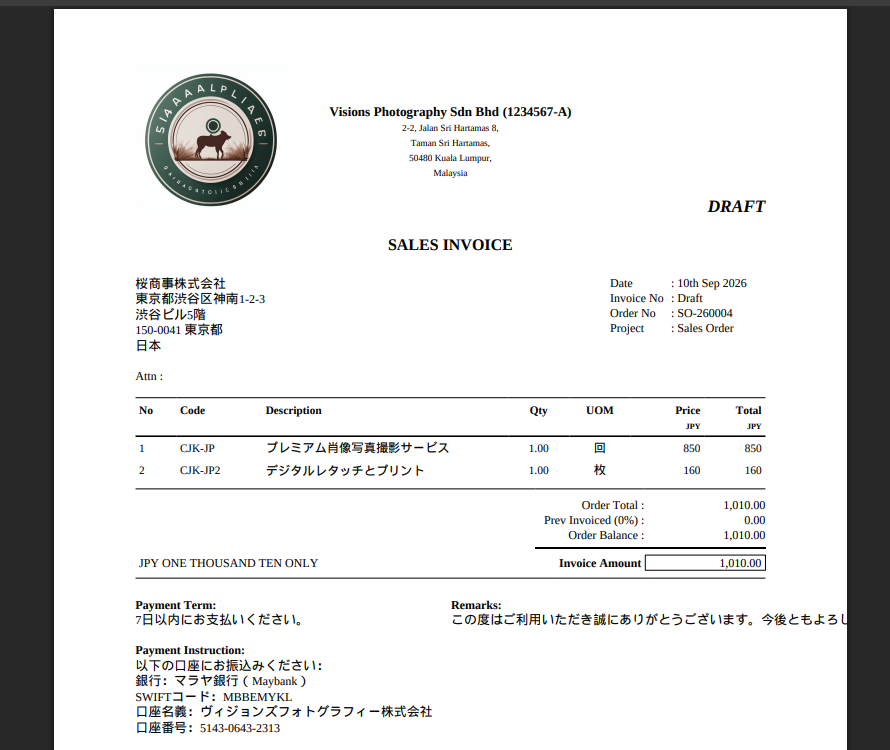 Sales invoice to a Japanese customer, with address, line items, UOM, payment terms and bank instructions all in Japanese, kanji and kana together